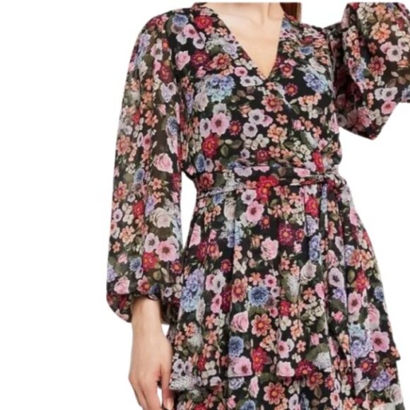 Express Womens Conscious Edit Ruffle Tiered Romper Black Floral Chiffon L New - Picture 2 of 5